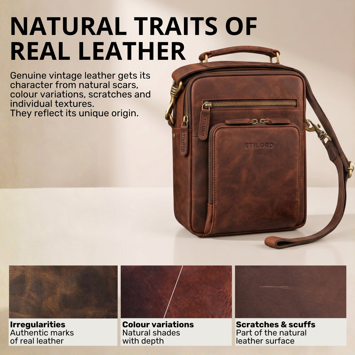 Compact leather shoulder bag for 10.1-inch tablet, zamora brown, front view with top handle and STILORD embossing