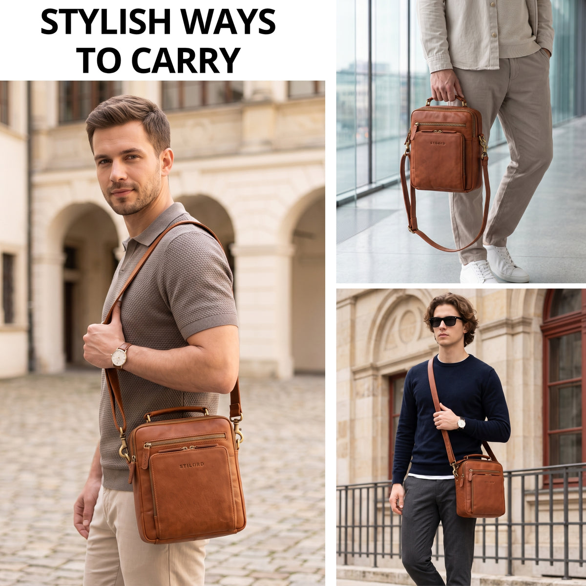 Small leather crossbody bag in maraska brown, front and side views with handle and shoulder strap, STILORD embossed