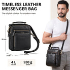 Small black leather shoulder bag with handle, front view, visible STILORD embossing, fits 10.1 inch tablet