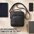 Small black leather shoulder bag with top handle and embossed STILORD logo, front pocket; tablet and phone beside it