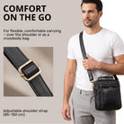 Small black leather shoulder bag with adjustable strap buckle detail and model wearing it crossbody, STILORD embossing visible
