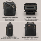 Small black leather crossbody bag with top handle, shoulder strap, front zip pocket, open interior and STILORD embossing