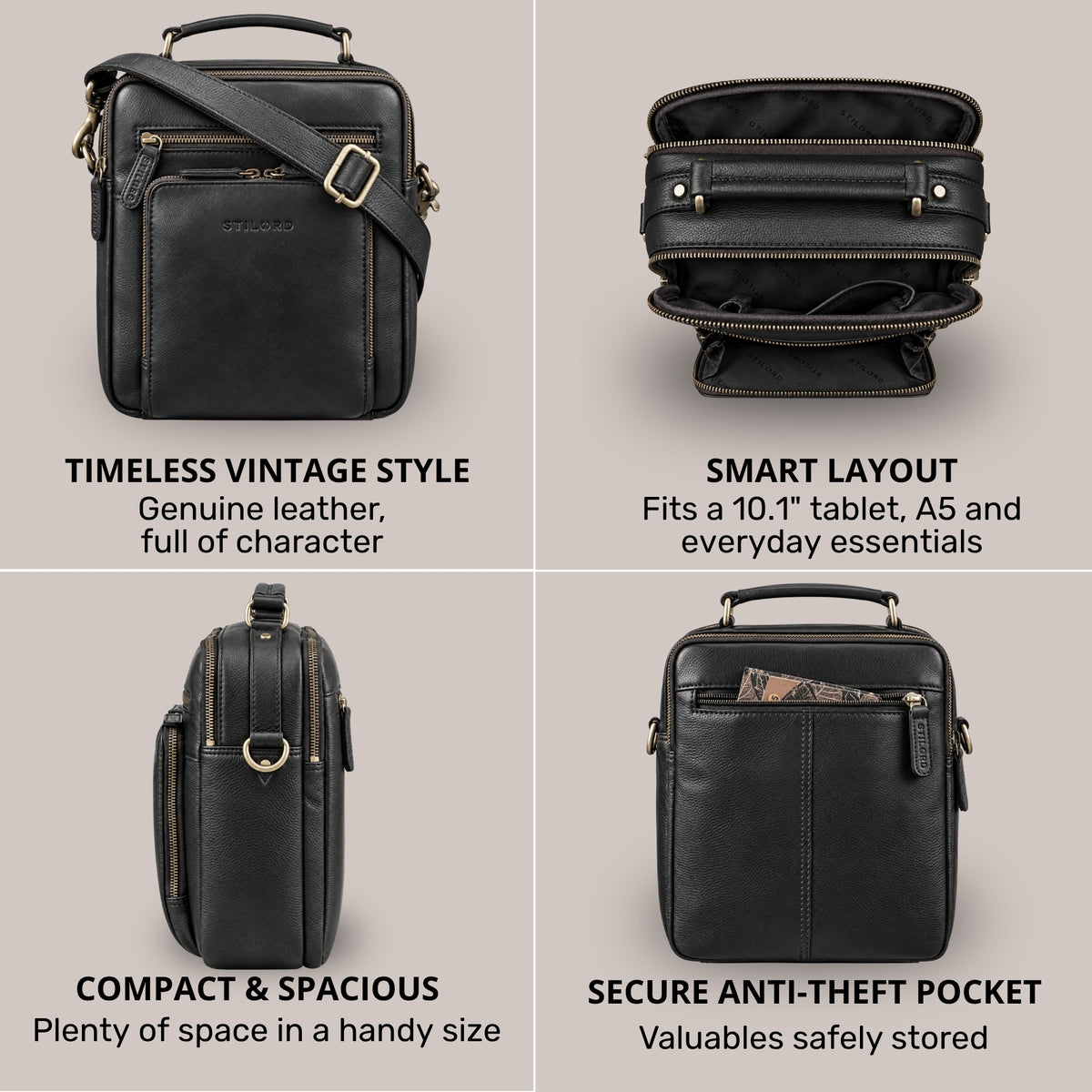 Small black leather crossbody bag with top handle, shoulder strap, front zip pocket, open interior and STILORD embossing