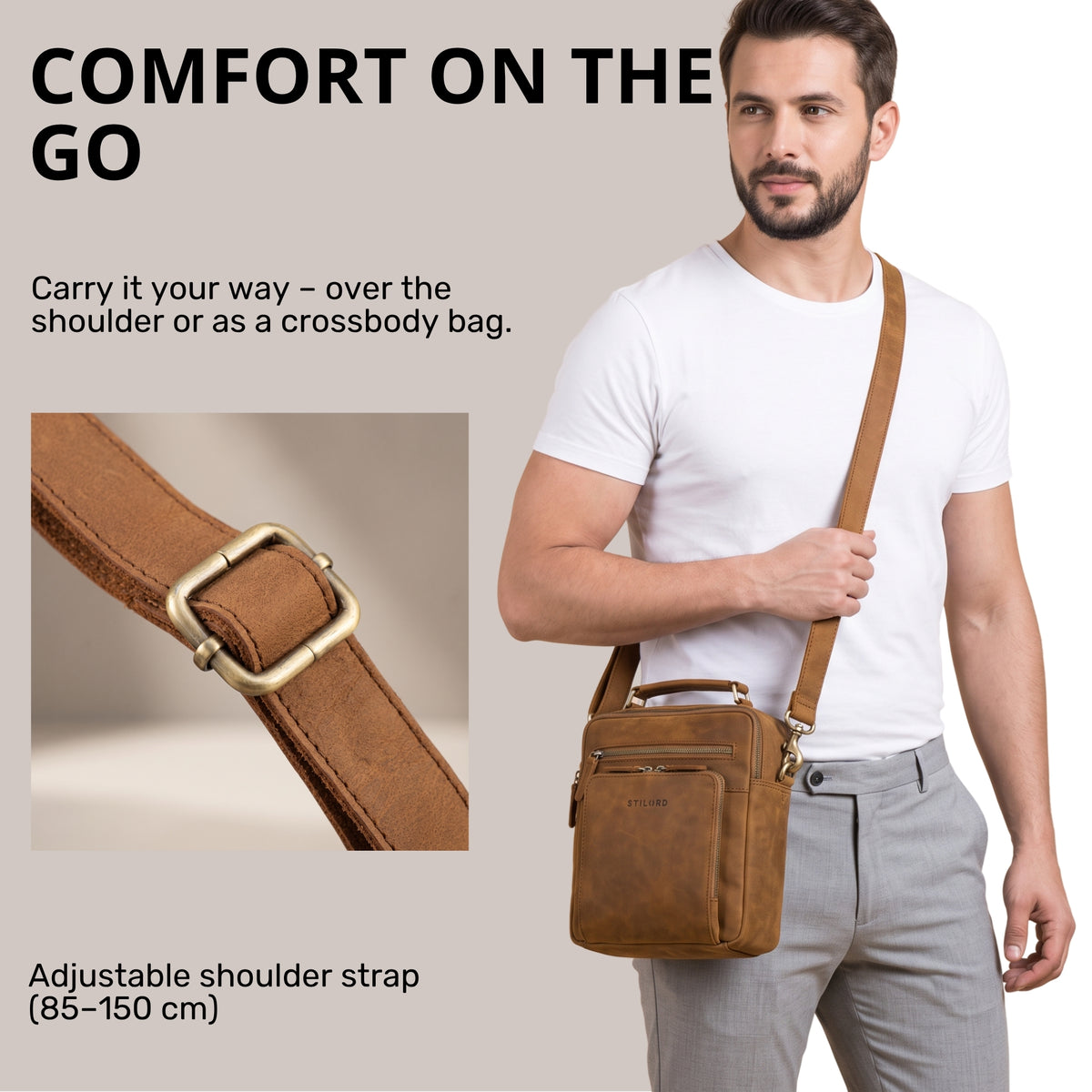 Small tan leather shoulder bag for 10.1 inch tablet, adjustable strap, model wearing crossbody, close-up of strap buckle