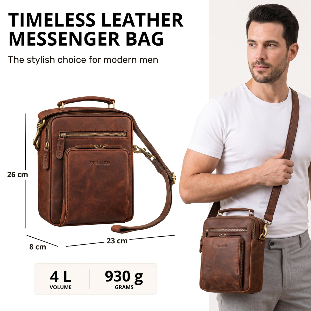Small brown leather shoulder bag with top handle, fits 10.1-inch tablet and A5 documents, STILORD embossing visible