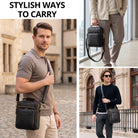 Small black leather shoulder bag with STILORD embossing, top handle and adjustable strap, shown crossbody on man and handheld indoors