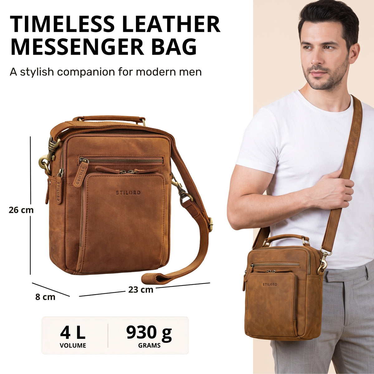 Small tan leather crossbody bag, front view with shoulder strap and STILORD embossing, fits 10.1-inch tablet and A5