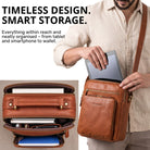 Small brown leather crossbody bag maraska, man inserts 10.1-inch tablet, STILORD embossing, interior pockets visible
