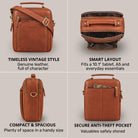 Small leather crossbody bag maraska brown, four views: front with STILORD embossing, open top, side profile and back pocket