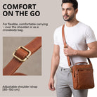 Small brown leather shoulder bag worn crossbody by man; close-up of adjustable shoulder strap buckle and visible STILORD embossing