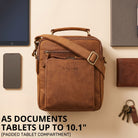 Small leather crossbody bag in tan with top handle and shoulder strap, front view with STILORD embossing, shown with tablet and keys