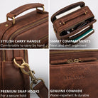 Small brown leather crossbody bag zamora with carry handle, open compartments, snap hook and STILORD embossing with water droplets