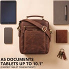 Compact zamora brown leather shoulder bag, top-down view with 10.1-inch tablet, phone and visible STILORD embossing