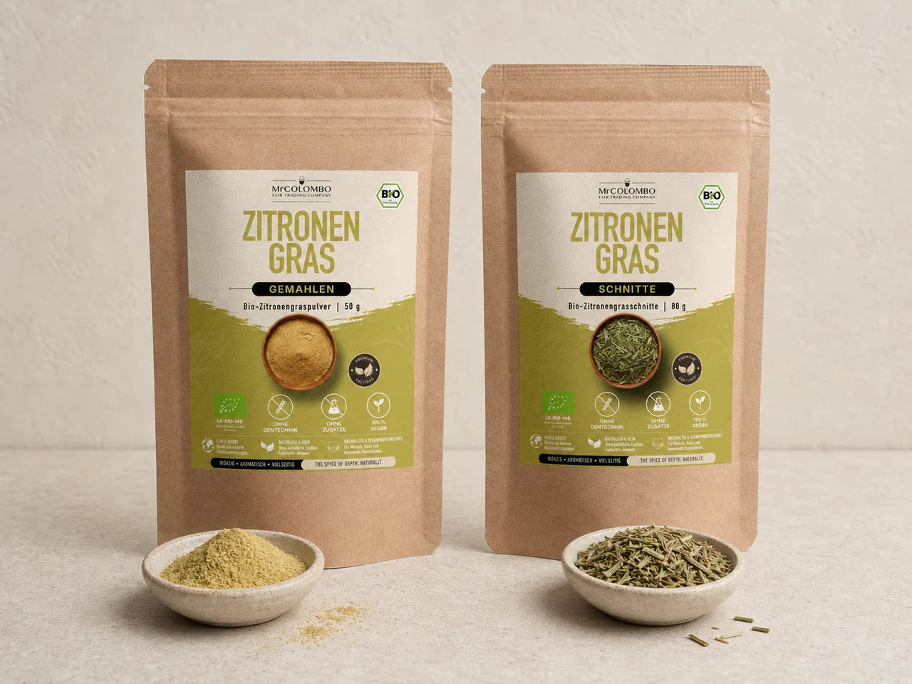 MrCOLOMBO Bio-Zitronengras aus Sri Lanka als Endprodukt - Pulver 50 g und Schnitte 80 g mit den beiden Gewürzen in kleinen Keramikschalen